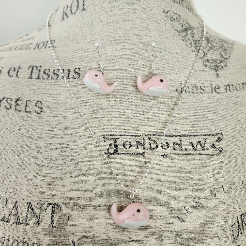 Pink Whale Earrings Necklace Set